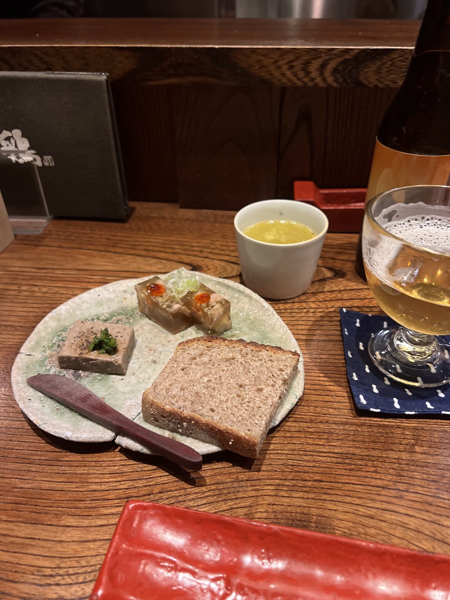 串焼割烹 味道 みどう 東日本橋 前菜 レバーパテ 煮こごり 白ワイン