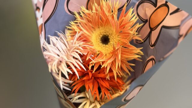 ALL GOOD FLOWERS 虎ノ門ヒルズ オレンジとピンクのスパイダー咲きガーベラと柄の包装紙